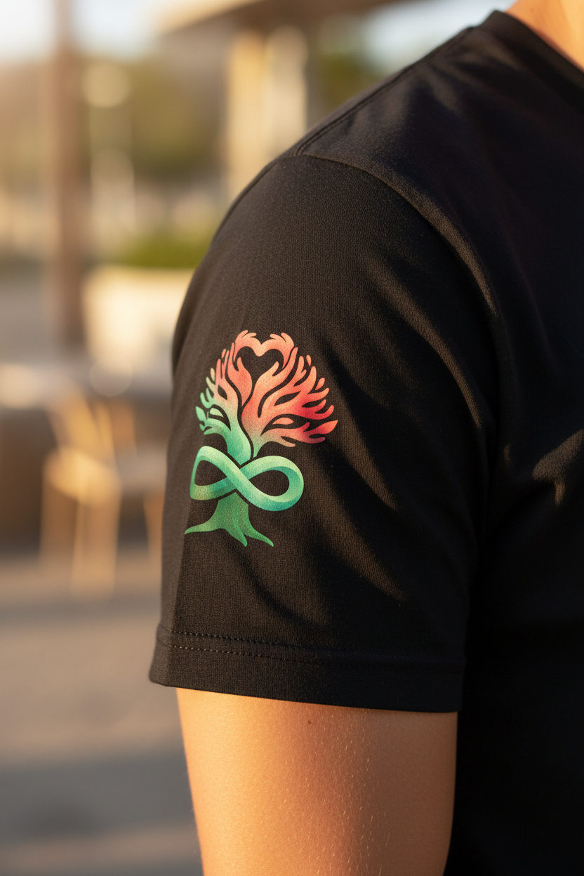 Tree of life logo DTF printed on sleeve of black t-shirt
