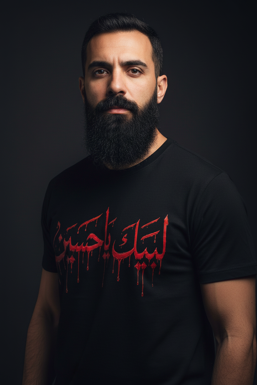 Labbayk Ya Hussain black tee on model