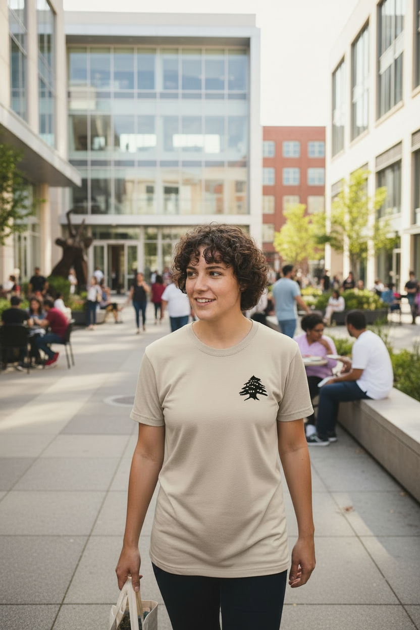 Person wearing light sand Cedar of Lebanon tee at Dearborn community plaza