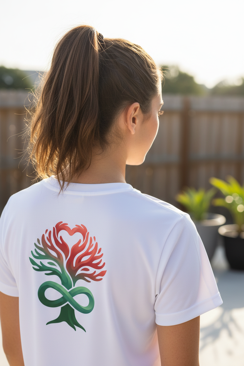 Woman with high ponytail wearing white sublimation printed Cedar Tee from behind