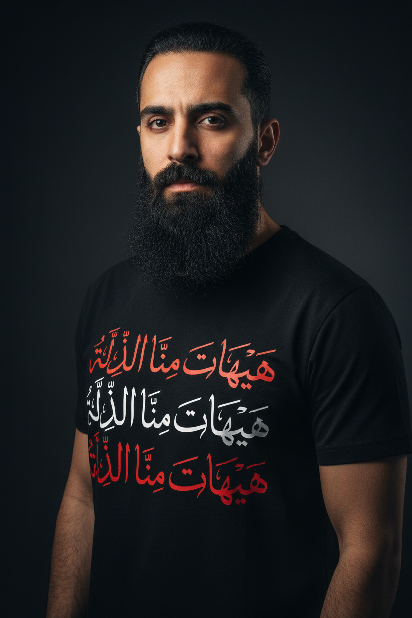 Hayhata Minna Al-Zilla black tee on model
