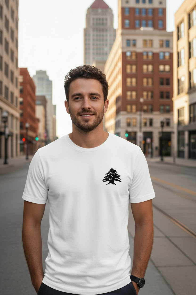 Person wearing white Cedar of Lebanon tee on Detroit street