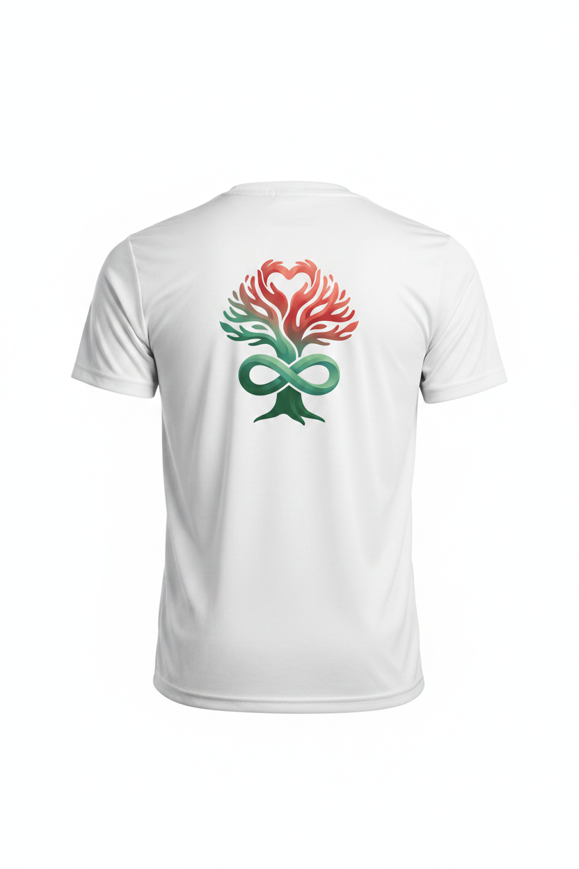 Back of white sublimation printed Cedar Tee showing tree of life logo between shoulder blades