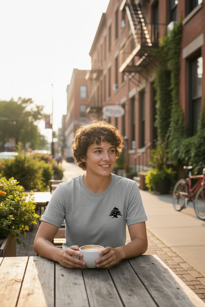 Person wearing gray Cedar of Lebanon tee at Detroit outdoor café